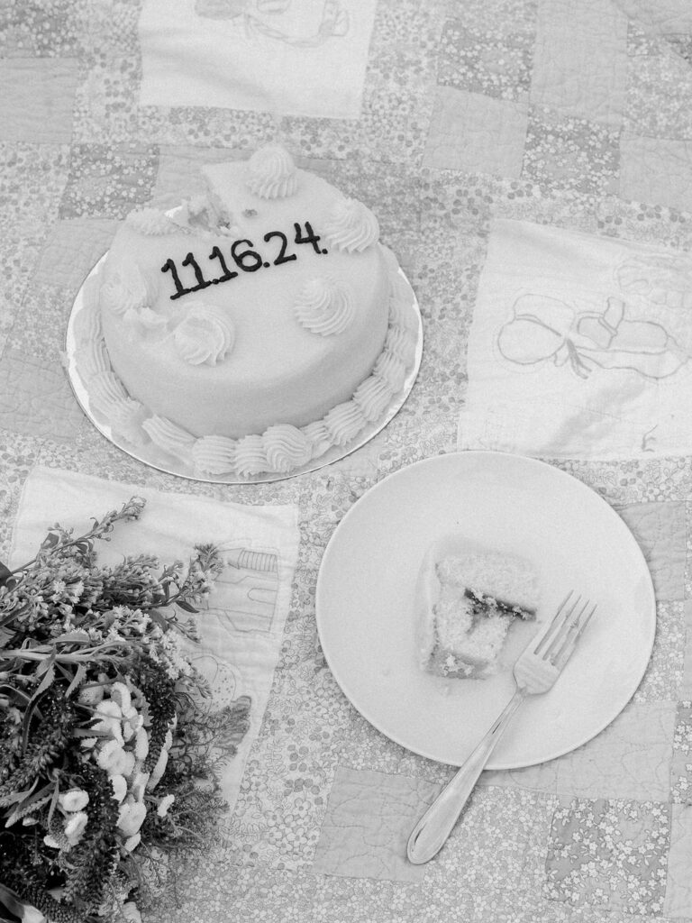 A cake sits on a picnic blanket. It has the wedding date November 16, 2024 written on it.