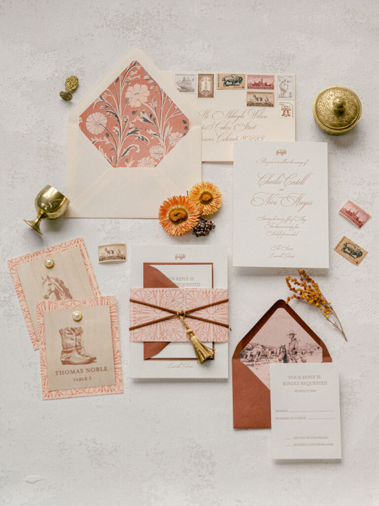 A western inspired wedding invitation suite.
