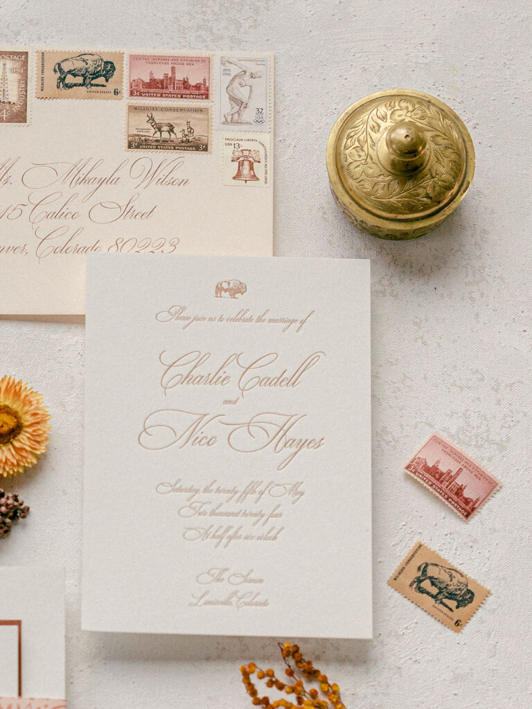 Western inspired wedding invitation suite for an LGBTQ wedding at the Simon Venue in Boulder, Colorado.