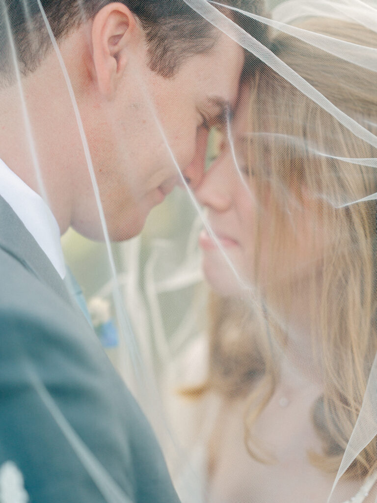 Bride and groom portrait under the veil during intimate elopement.