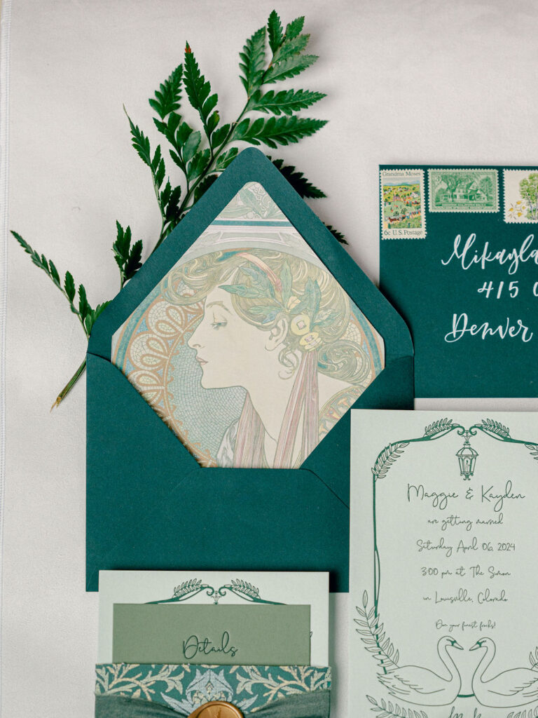A wedding invitation suite in shades of green inspired by Art Nouveau and ferns.