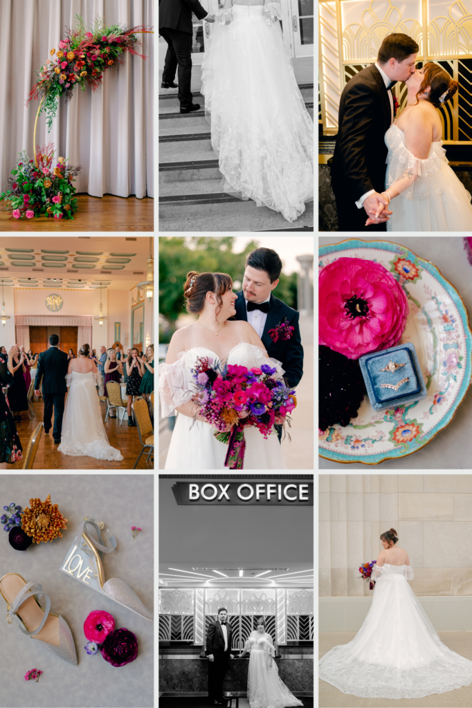 A mood board of a vibrant jewel tone Oklahoma City wedding featuring lush florals and vintage details in a historic Art Deco OKC wedding venue.