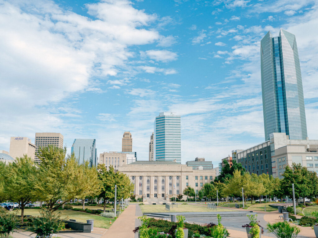 The view of Downtown OKC from an Oklahoma City wedding venue.